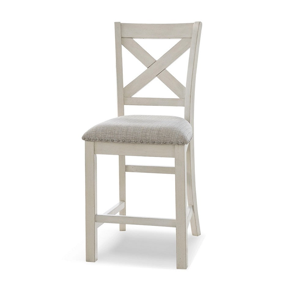 Benjara Lea Counter Height Chair Set of 2, White Solid Wood, Gray Polyester