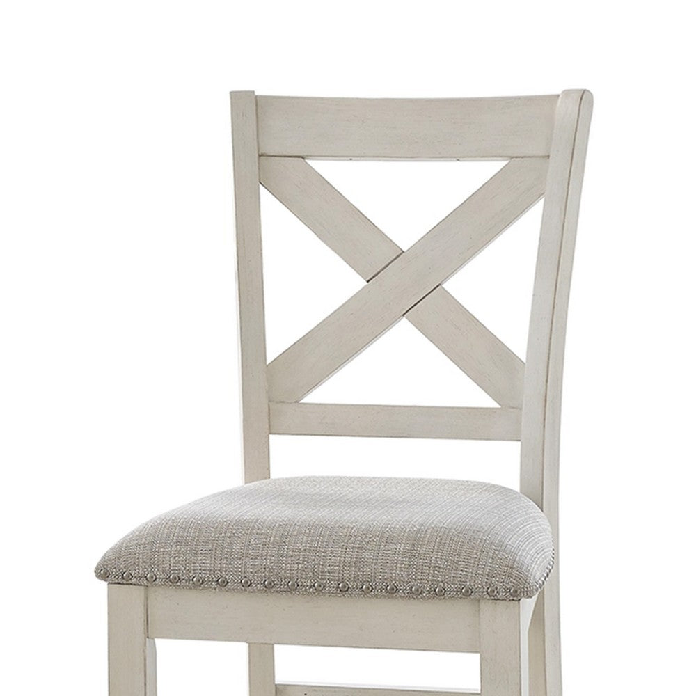 Benjara Lea Counter Height Chair Set of 2, White Solid Wood, Gray Polyester