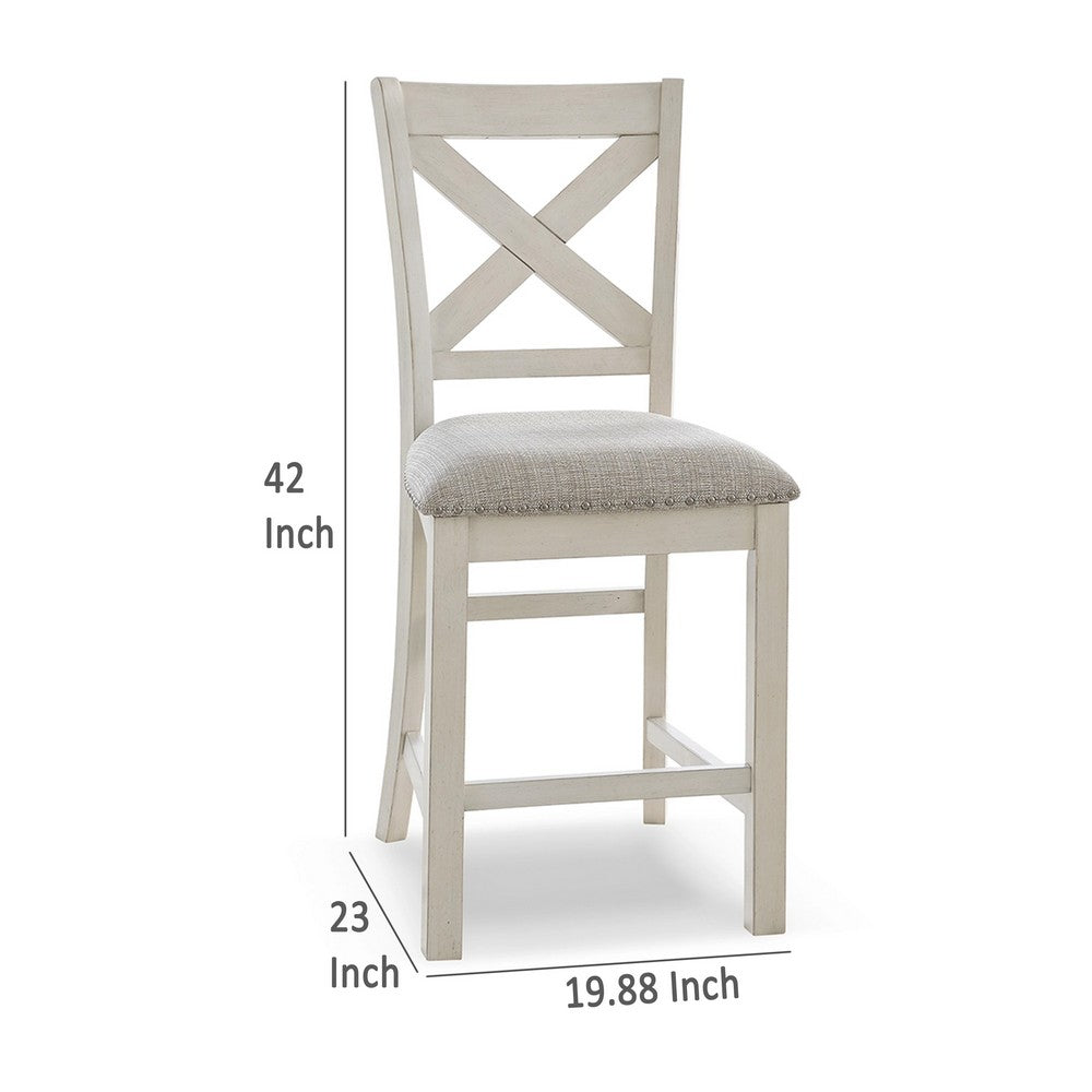 Benjara Lea Counter Height Chair Set of 2, White Solid Wood, Gray Polyester