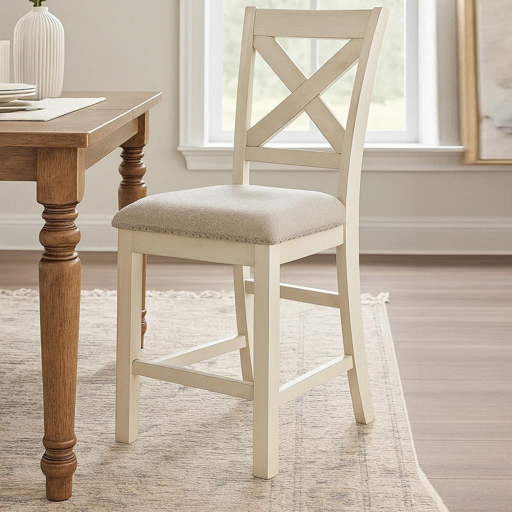 Benjara Lea Counter Height Chair Set of 2, White Solid Wood, Gray Polyester