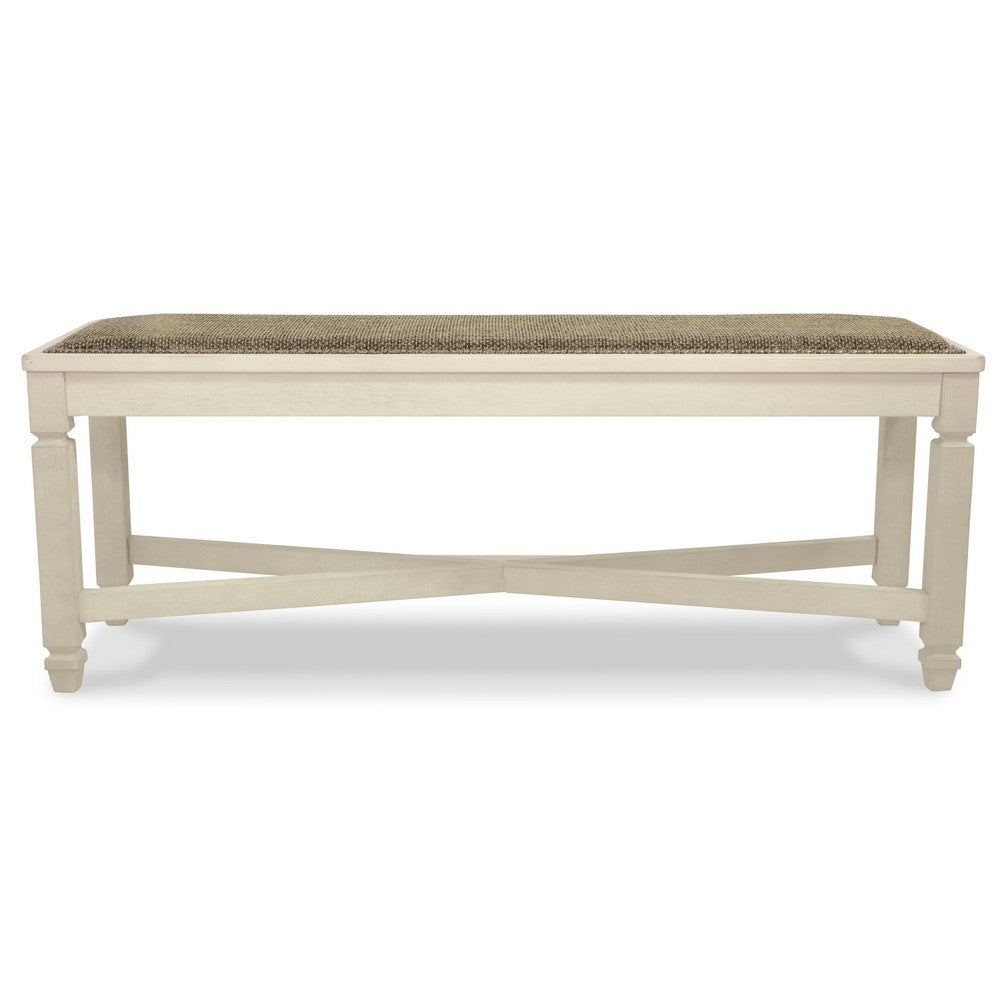 Benjara Bolan Large Dining Bench with Heavy Woven Fabric, White Wood, 50 Inch
