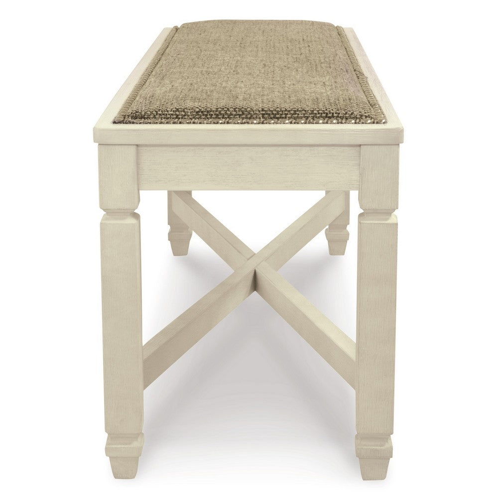 Benjara Bolan Large Dining Bench with Heavy Woven Fabric, White Wood, 50 Inch