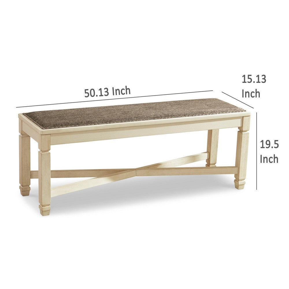 Benjara Bolan Large Dining Bench with Heavy Woven Fabric, White Wood, 50 Inch