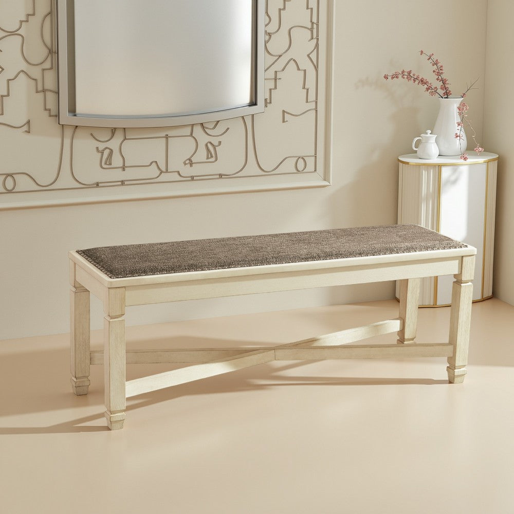 Benjara Bolan Large Dining Bench with Heavy Woven Fabric, White Wood, 50 Inch
