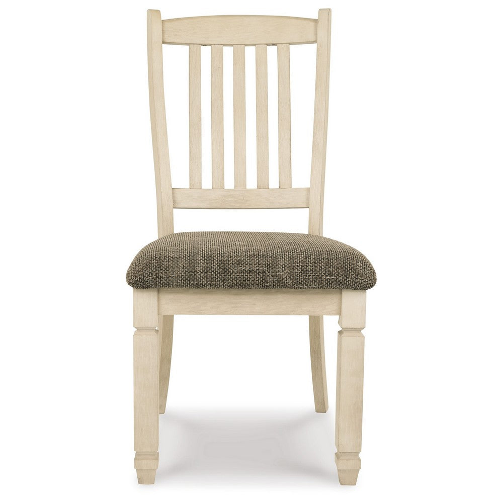 Benjara Bolan Dining Side Chair Set of 2 with Rake Back, Polyester, White Wood