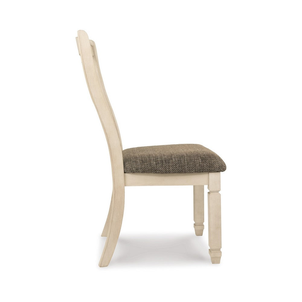 Benjara Bolan Dining Side Chair Set of 2 with Rake Back, Polyester, White Wood