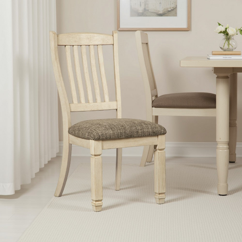 Benjara Bolan Dining Side Chair Set of 2 with Rake Back, Polyester, White Wood