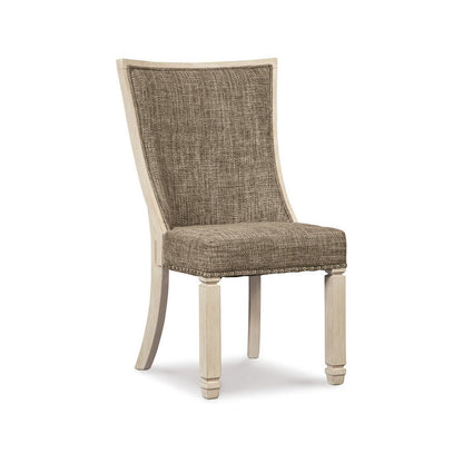 Benjara Bolan Dining Side Chair Set of 2, Lattice Back, Polyester, White Wood