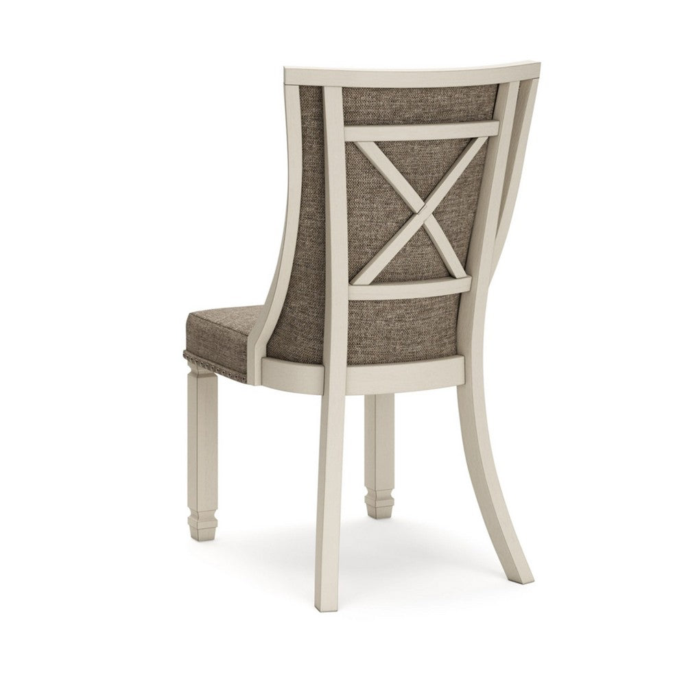 Benjara Bolan Dining Side Chair Set of 2, Lattice Back, Polyester, White Wood