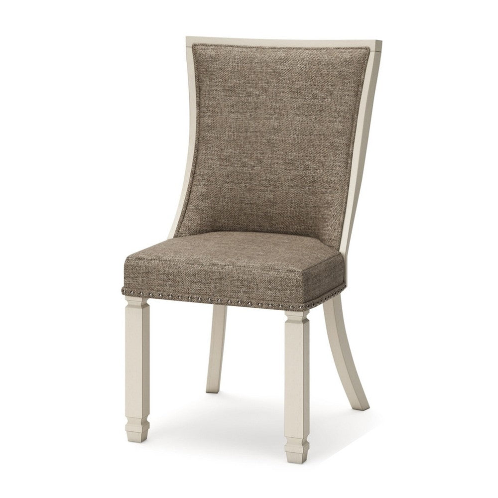 Benjara Bolan Dining Side Chair Set of 2, Lattice Back, Polyester, White Wood