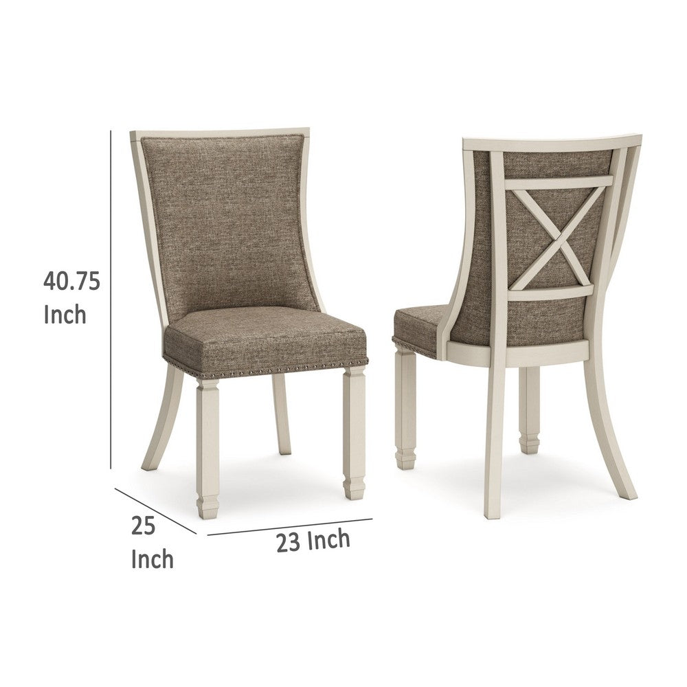 Benjara Bolan Dining Side Chair Set of 2, Lattice Back, Polyester, White Wood