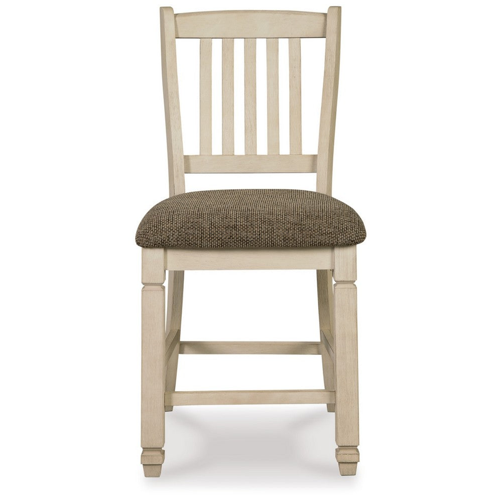 Benjara Bolan Counter Height Chair Set of 2, Rake Back, Antique White Wood