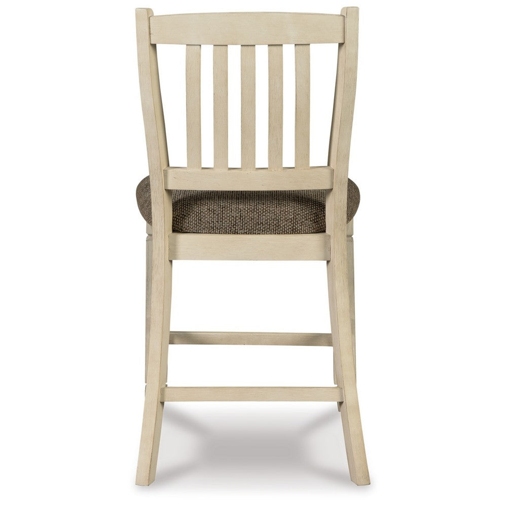 Benjara Bolan Counter Height Chair Set of 2, Rake Back, Antique White Wood