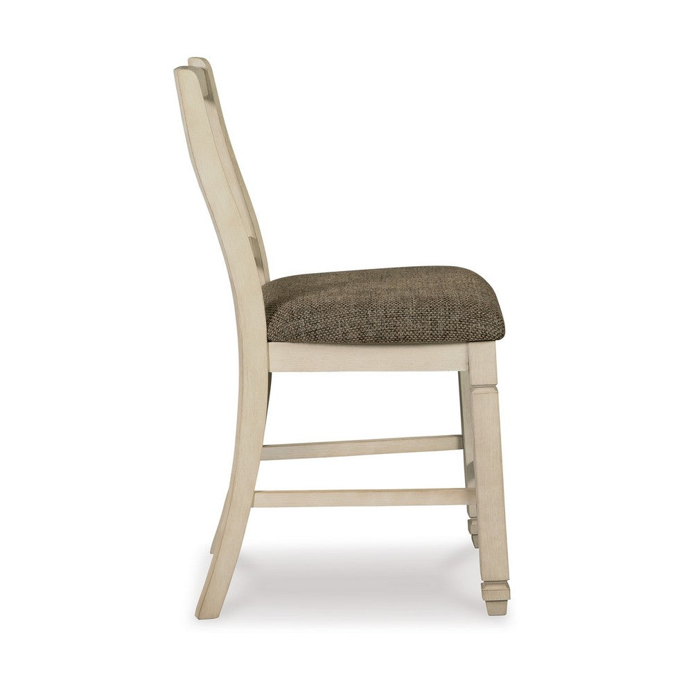 Benjara Bolan Counter Height Chair Set of 2, Rake Back, Antique White Wood