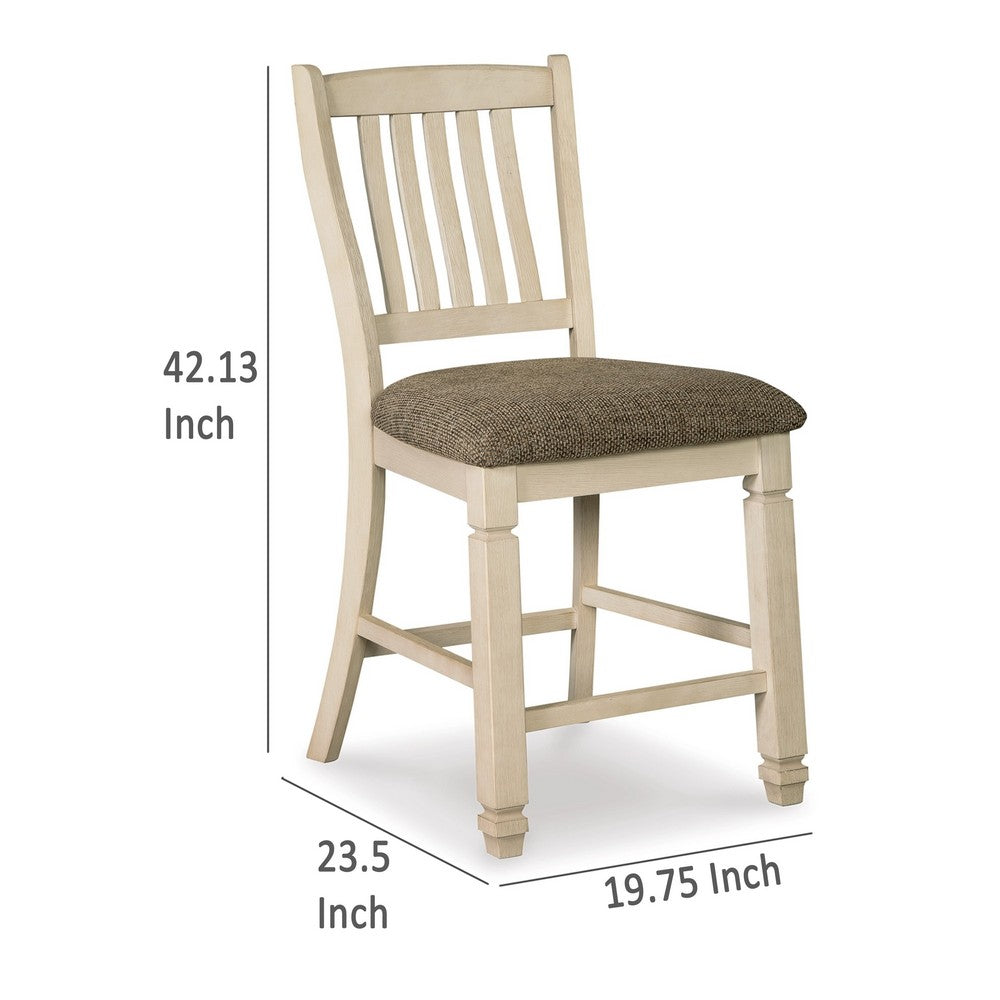 Benjara Bolan Counter Height Chair Set of 2, Rake Back, Antique White Wood