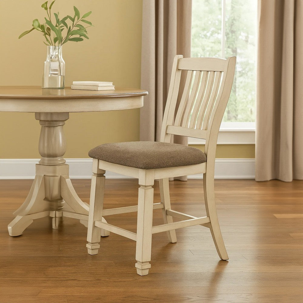 Benjara Bolan Counter Height Chair Set of 2, Rake Back, Antique White Wood