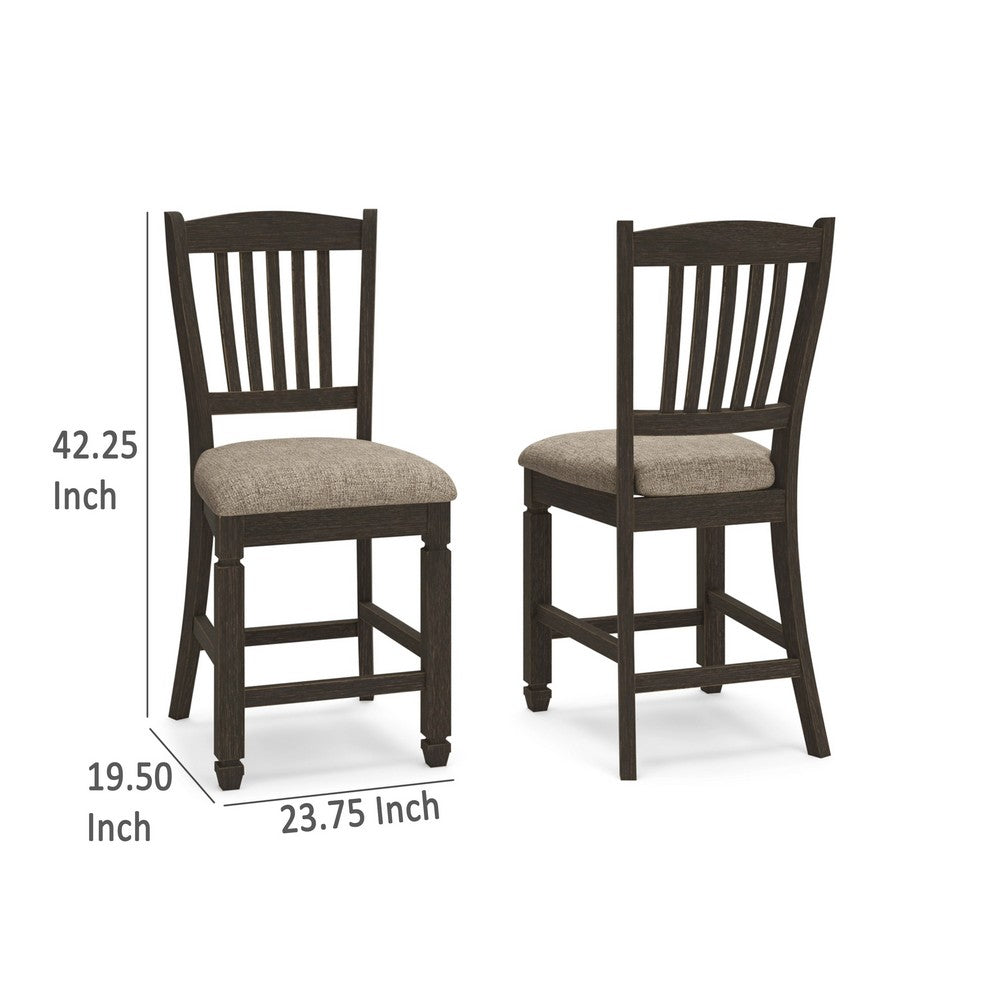 Benjara Trekk Counter Height Chair Set of 2, Slatted Back, Black Polyester