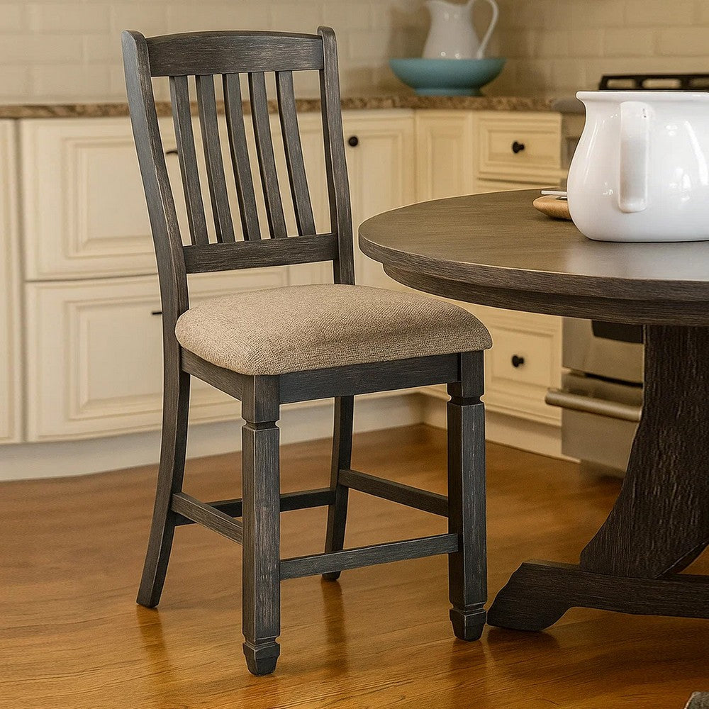 Benjara Trekk Counter Height Chair Set of 2, Slatted Back, Black Polyester