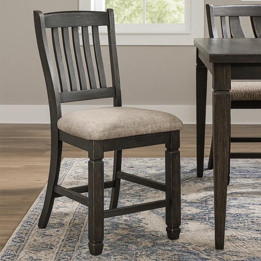 Benjara Trekk Counter Height Chair Set of 2, Slatted Back, Black Polyester