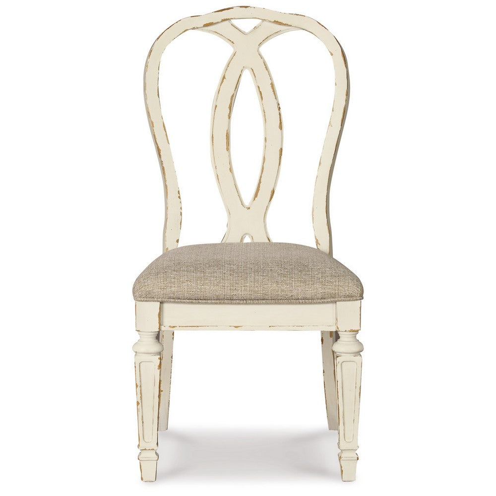 Benjara Alyn Dining Side Chairs Set of 2, Ribbon Back, Distressed White Wood