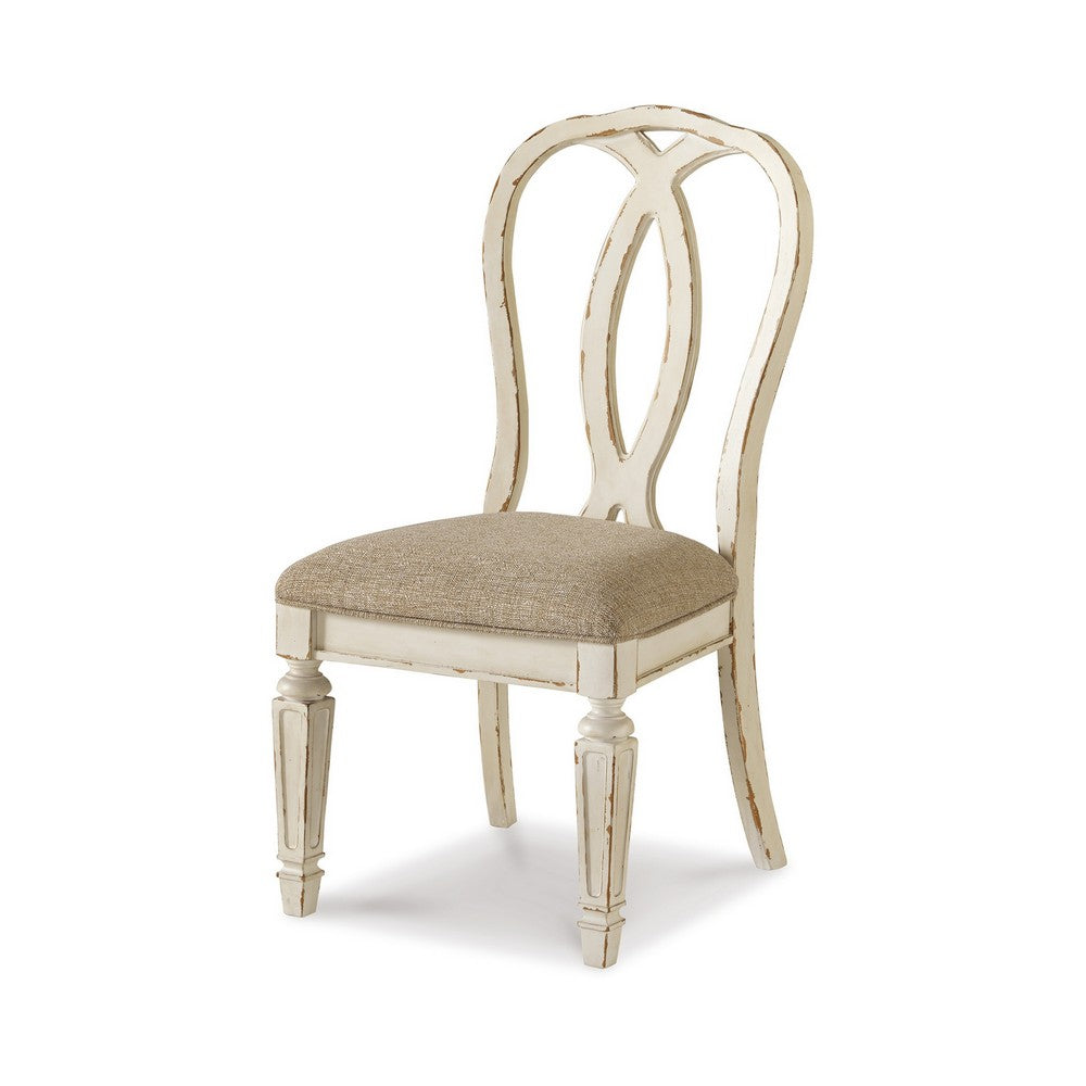 Benjara Alyn Dining Side Chairs Set of 2, Ribbon Back, Distressed White Wood