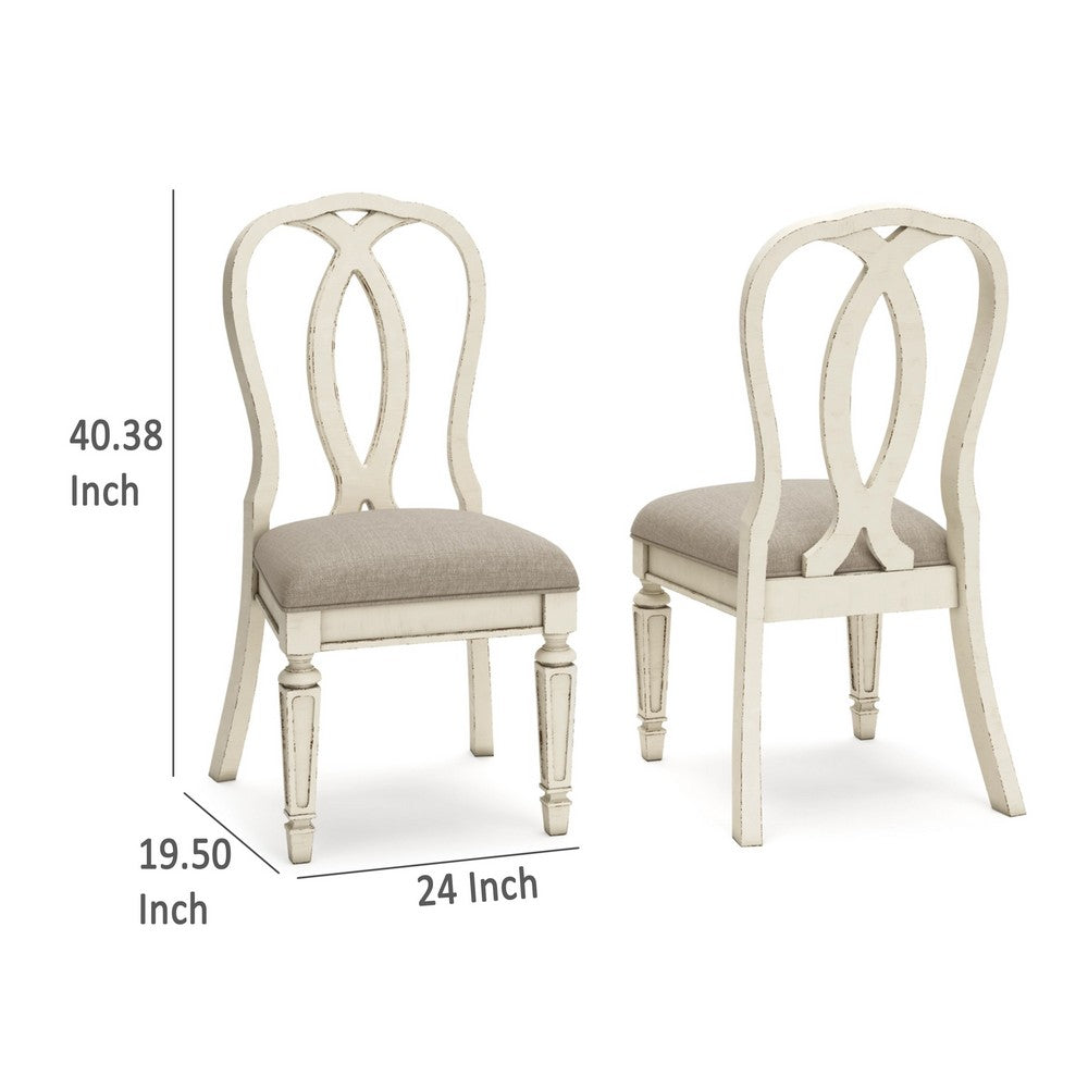 Benjara Alyn Dining Side Chairs Set of 2, Ribbon Back, Distressed White Wood