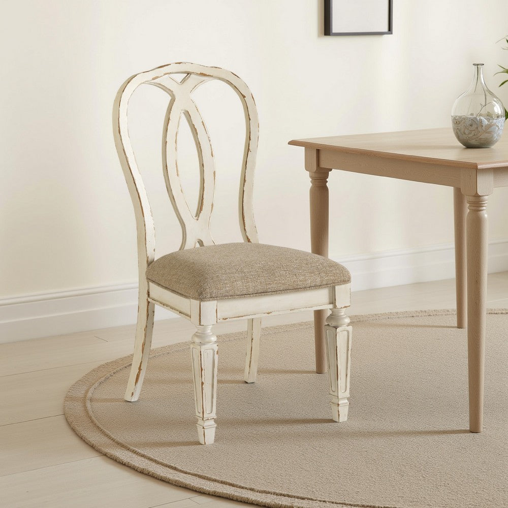 Benjara Alyn Dining Side Chairs Set of 2, Ribbon Back, Distressed White Wood