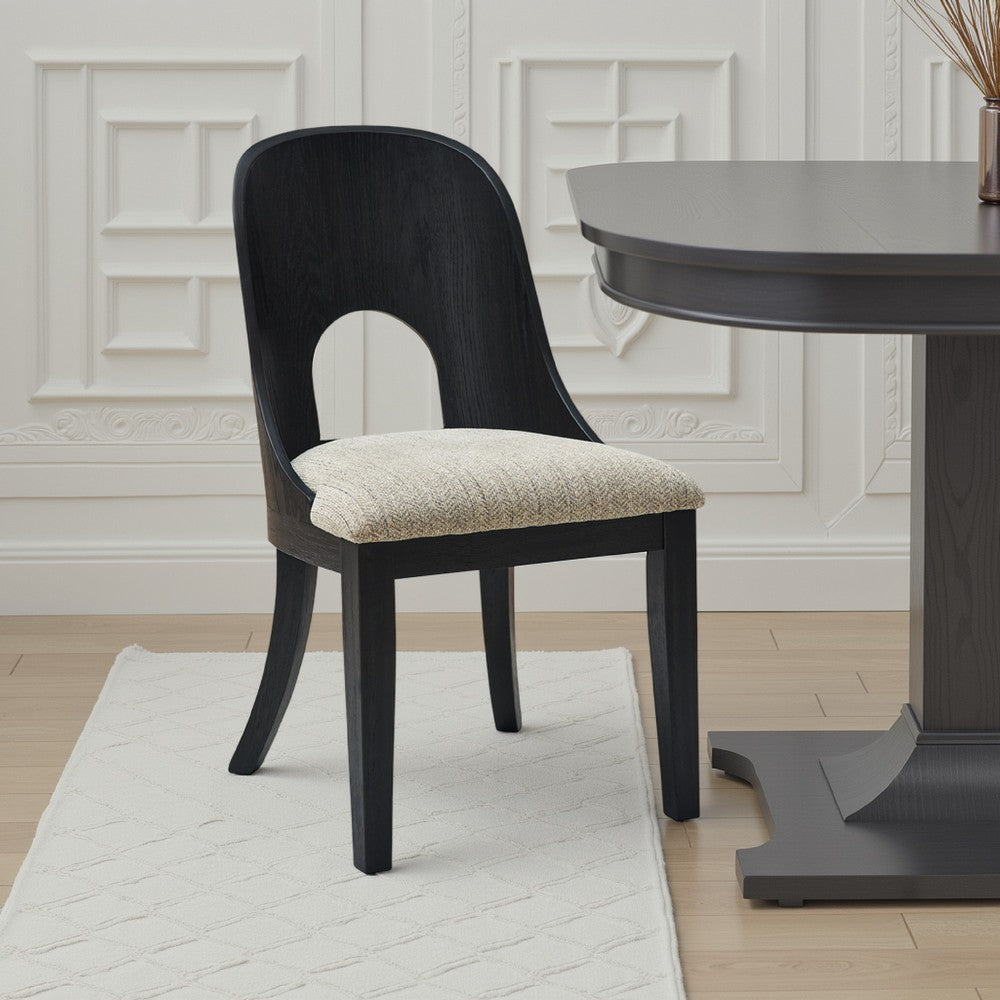 Benjara Robeck Dining Side Chair Set of 2, Herringbone Polyester, Black Wood