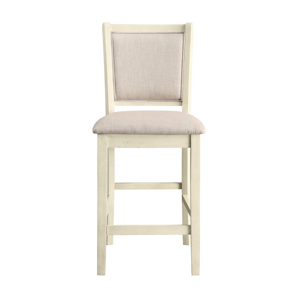 Benjara Han Counter Chair Set of 2, Beige Fabric, Ivory Solid Rubberwood