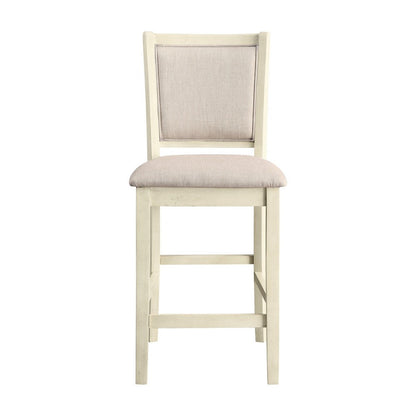 Benjara Han Counter Chair Set of 2, Beige Fabric, Ivory Solid Rubberwood