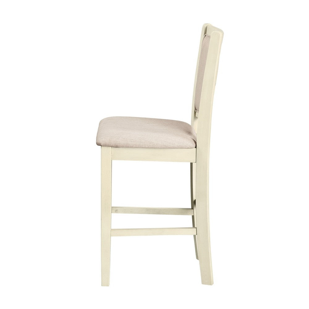 Benjara Han Counter Chair Set of 2, Beige Fabric, Ivory Solid Rubberwood