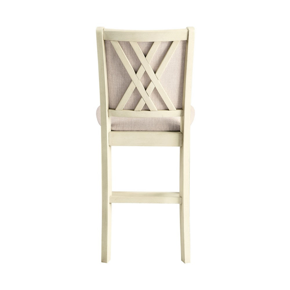 Benjara Han Counter Chair Set of 2, Beige Fabric, Ivory Solid Rubberwood