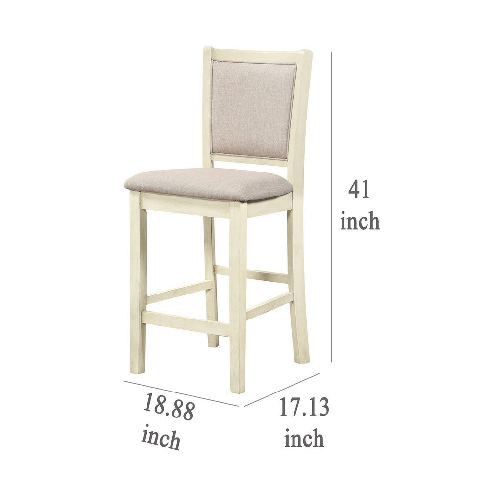 Benjara Han Counter Chair Set of 2, Beige Fabric, Ivory Solid Rubberwood