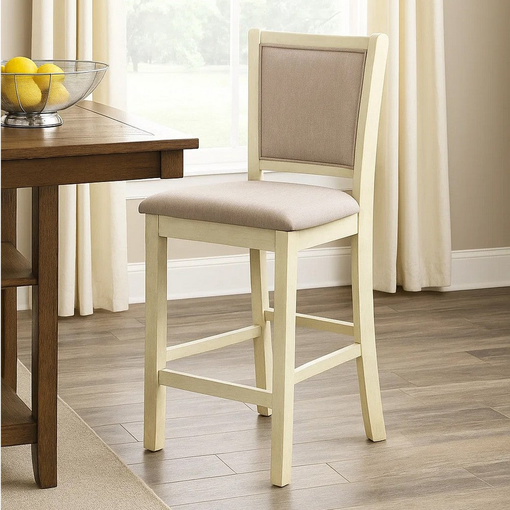Benjara Han Counter Chair Set of 2, Beige Fabric, Ivory Solid Rubberwood
