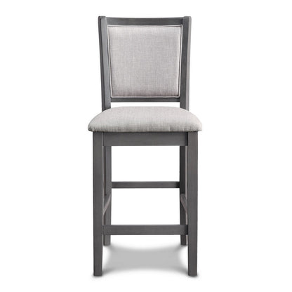 Benjara Han Counter Chair Set of 2, Light Gray Fabric, Dark Gray Solid Wood