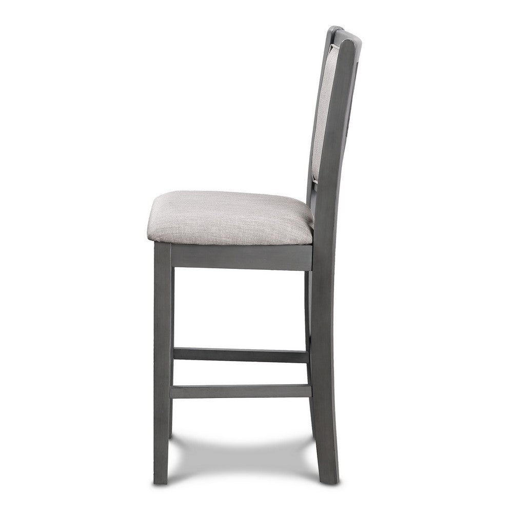 Benjara Han Counter Chair Set of 2, Light Gray Fabric, Dark Gray Solid Wood