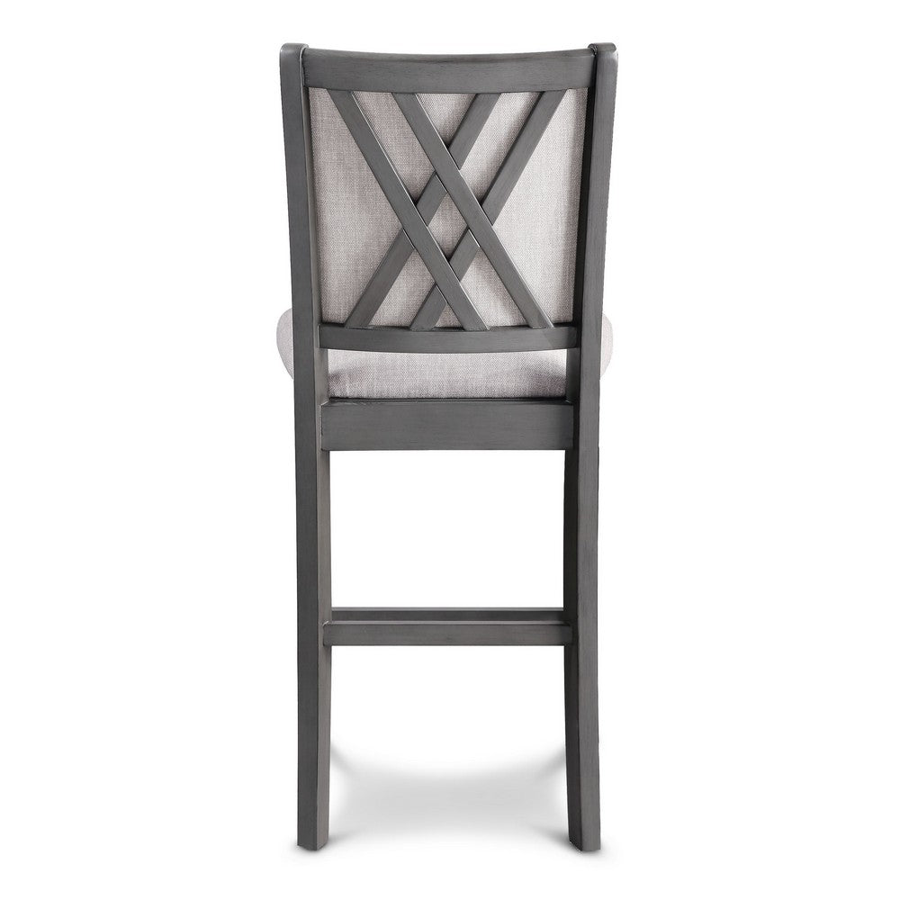 Benjara Han Counter Chair Set of 2, Light Gray Fabric, Dark Gray Solid Wood