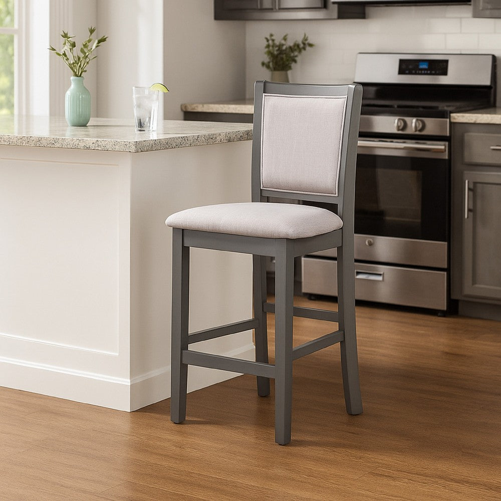 Benjara Han Counter Chair Set of 2, Light Gray Fabric, Dark Gray Solid Wood