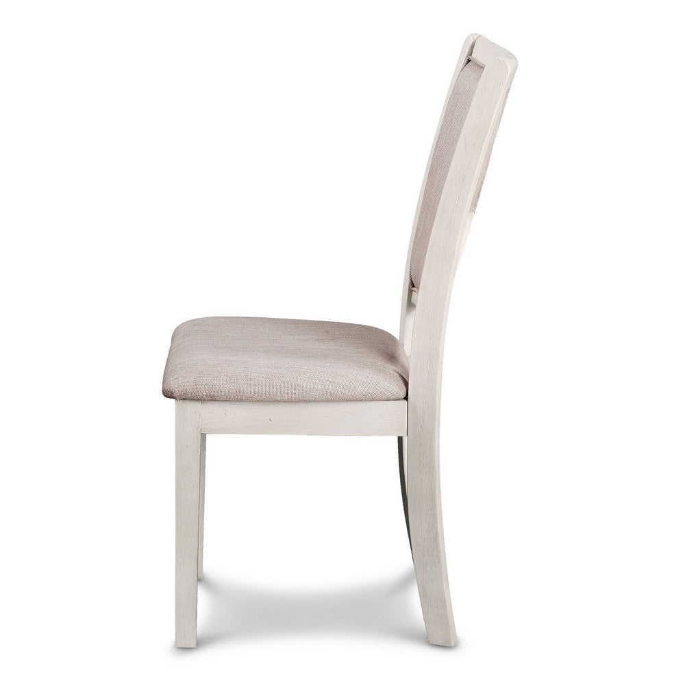 Benjara Han Dining Chair Set of 2, Light Brown Fabric, Beige Solid Rubberwood