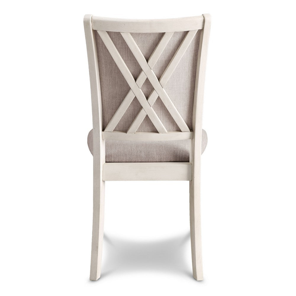 Benjara Han Dining Chair Set of 2, Light Brown Fabric, Beige Solid Rubberwood