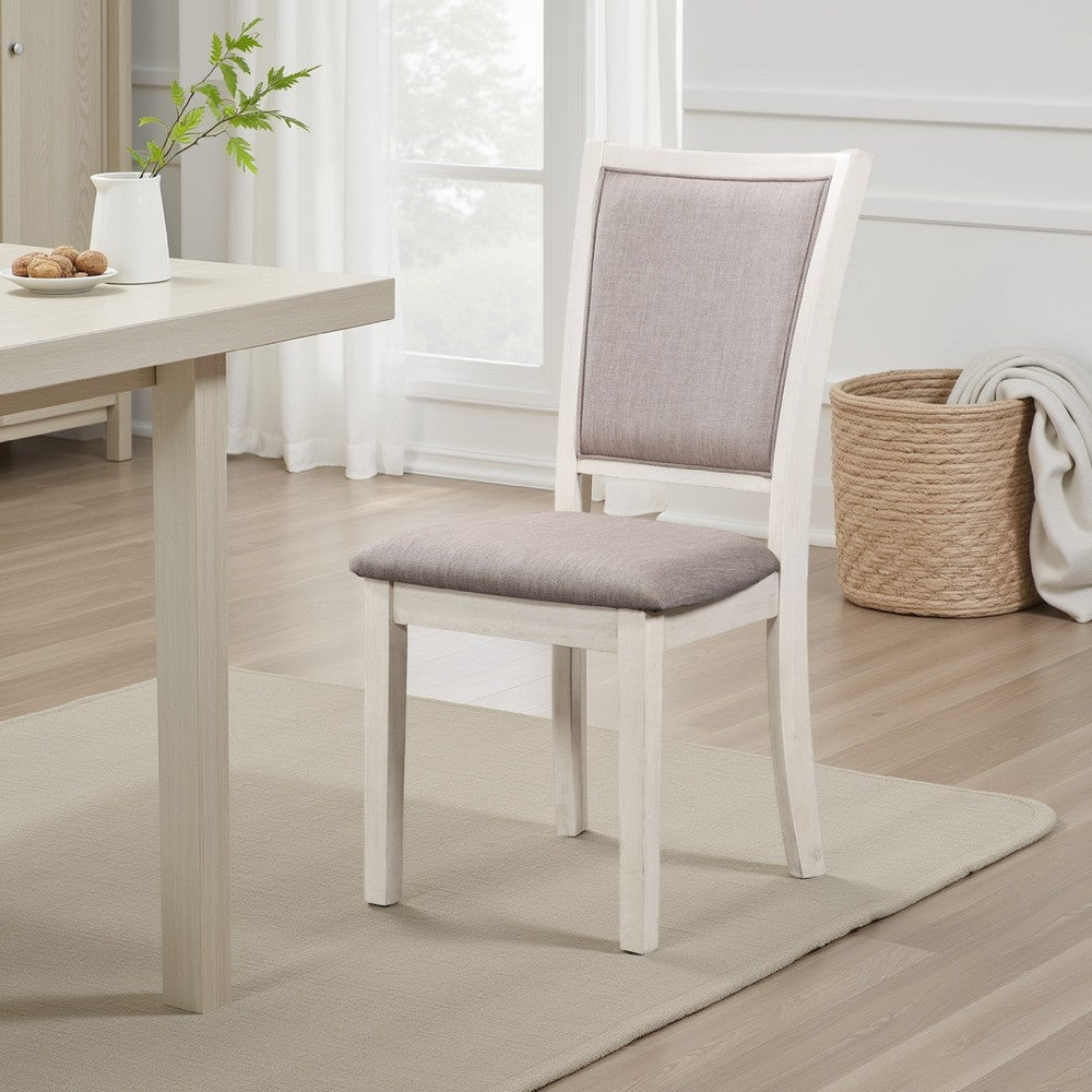 Benjara Han Dining Chair Set of 2, Light Brown Fabric, Beige Solid Rubberwood