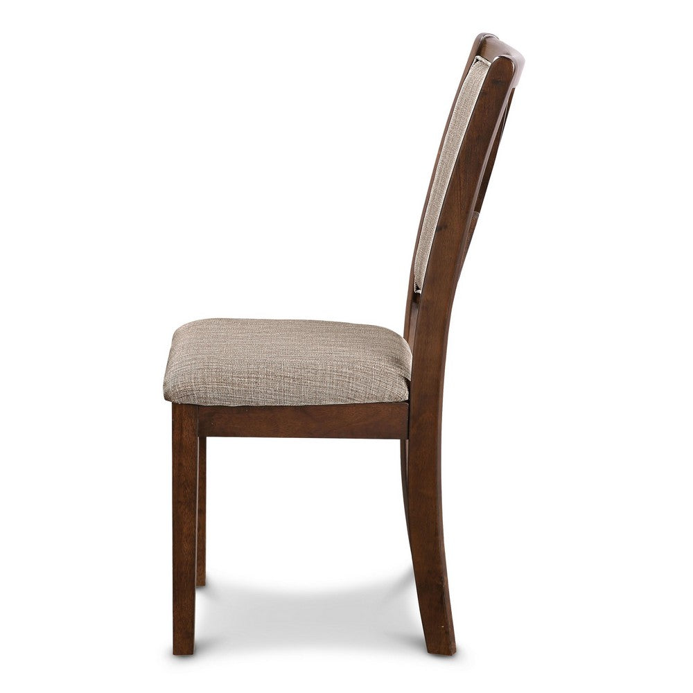 Benjara Han Dining Chair Set of 2, Light Brown Fabric, Cherry Brown Solid Wood
