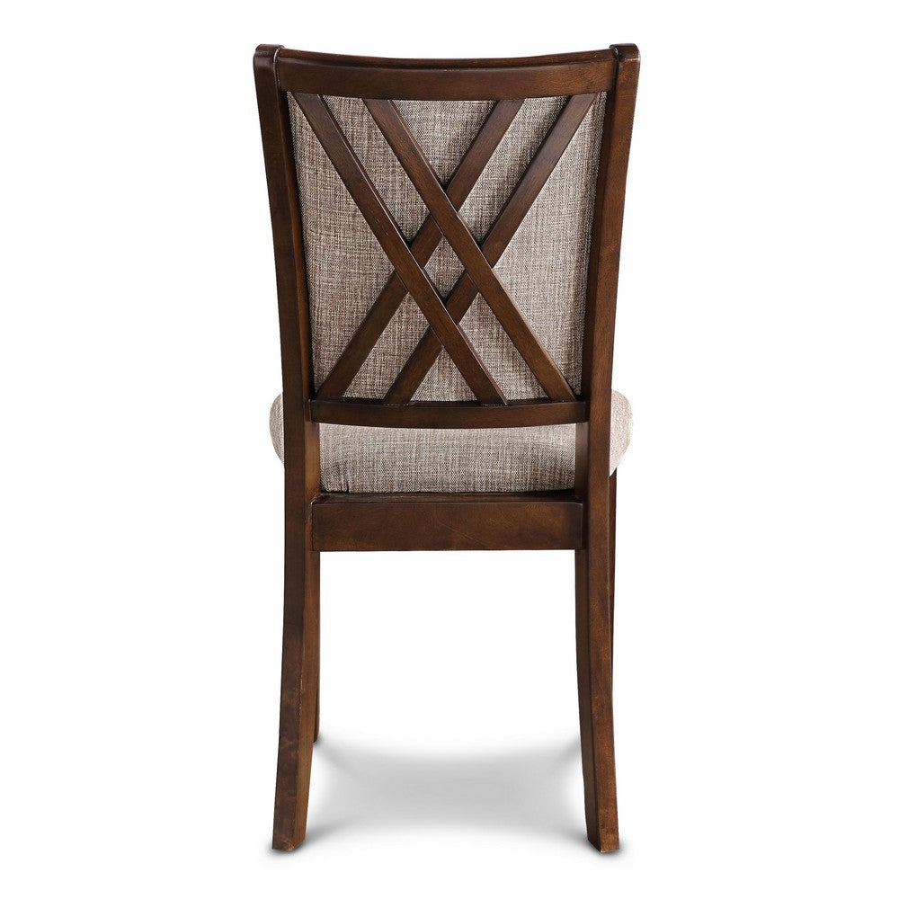 Benjara Han Dining Chair Set of 2, Light Brown Fabric, Cherry Brown Solid Wood