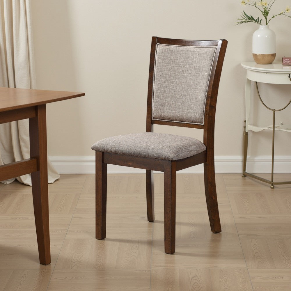 Benjara Han Dining Chair Set of 2, Light Brown Fabric, Cherry Brown Solid Wood
