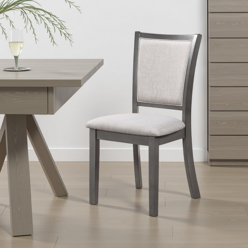 Benjara Han Dining Chair Set of 2, Light Gray Fabric, Dark Gray Solid Wood
