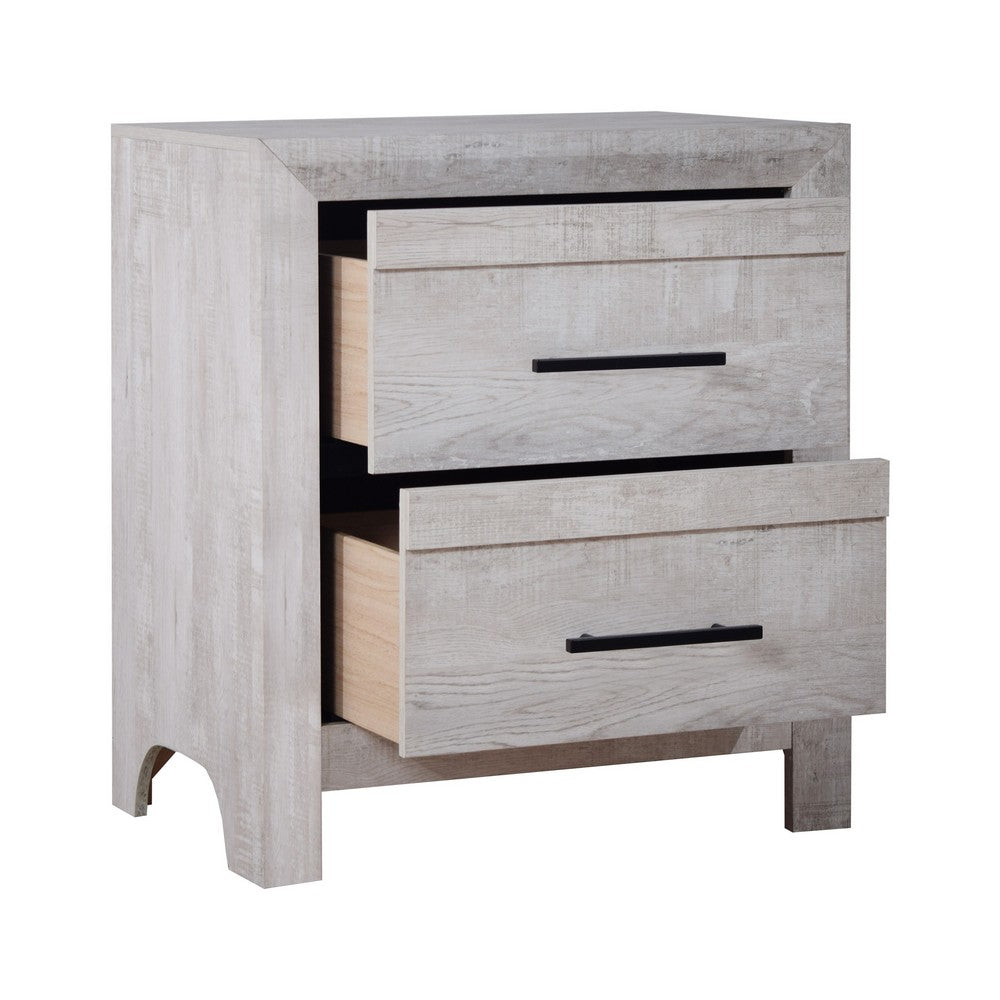 Benjara Bisca Nightstand, 2 Drawers, Black Handles, Light Gray Wood, 27 Inch