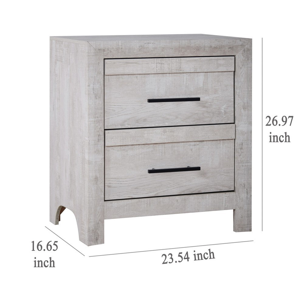 Benjara Bisca Nightstand, 2 Drawers, Black Handles, Light Gray Wood, 27 Inch