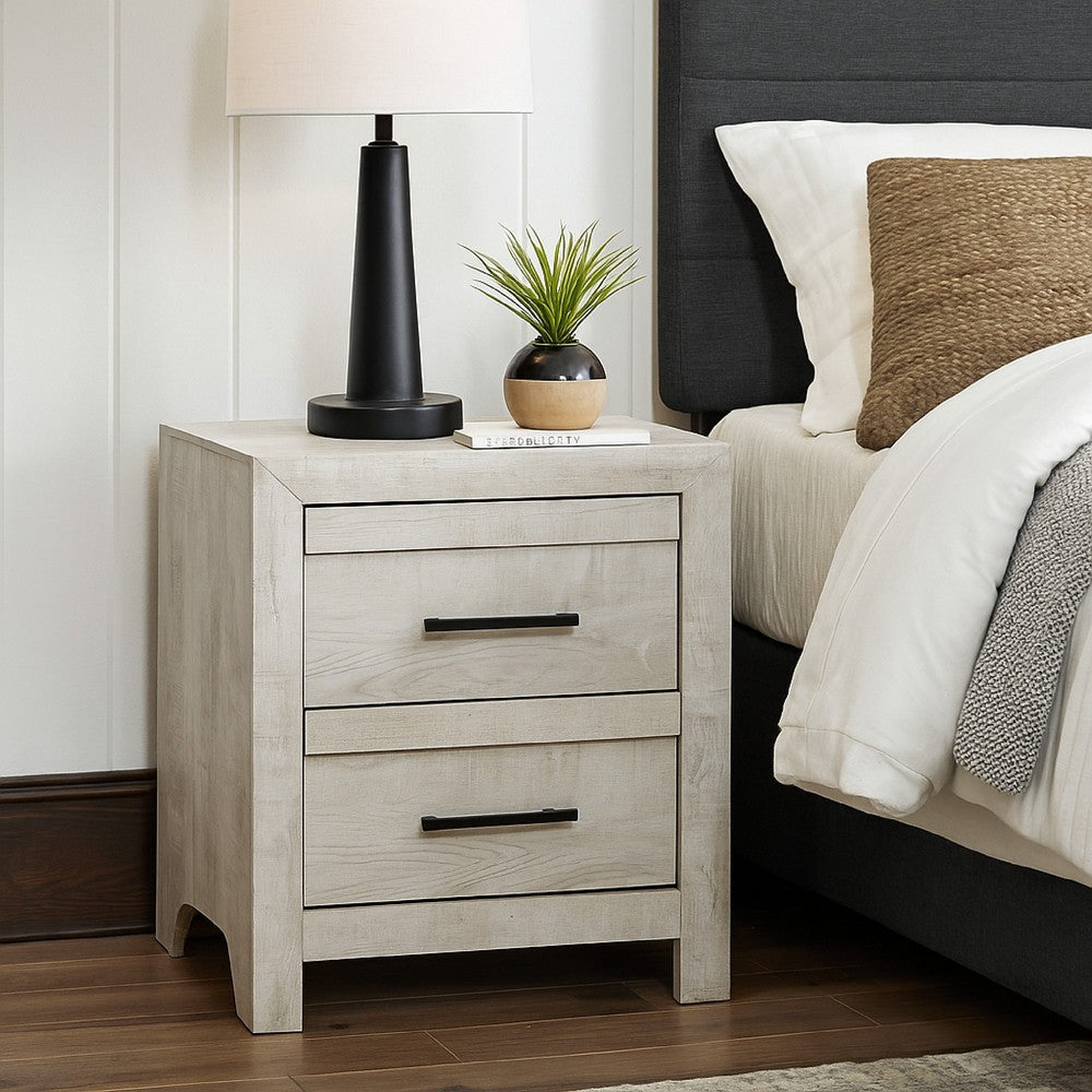 Benjara Bisca Nightstand, 2 Drawers, Black Handles, Light Gray Wood, 27 Inch