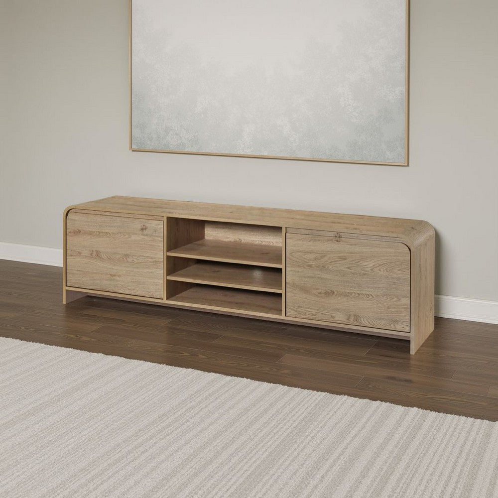 Benjara Maria TV Stand Media Cabinet, 2 Drawer And Shelves, Beige Wood 71 Inch