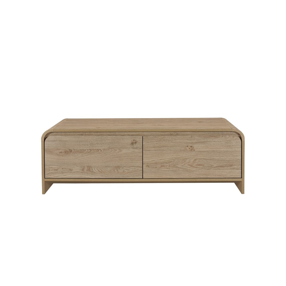 Benjara Maria Coffee Table, 2 Drawer And Waterfall Style, Beige Wood 47 Inch